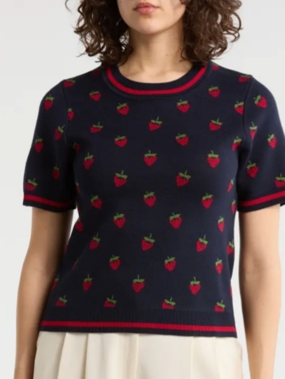 Adrianna Papell Strawberry Motif Short Sleeve Sweater Size Medium NEW NWT Retro